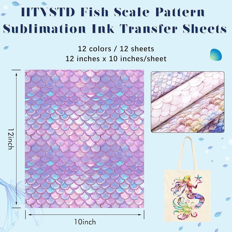 HTVSTD Fish Scale Sublimation Ink Transfer Sheets 12 Sheets 12'' x 10'' Mermaid Scale Bright Rainbow Fish Scale Sublimation Paper Pattern Transfer Sheets for Mugs Tumblers DIY - Image 3